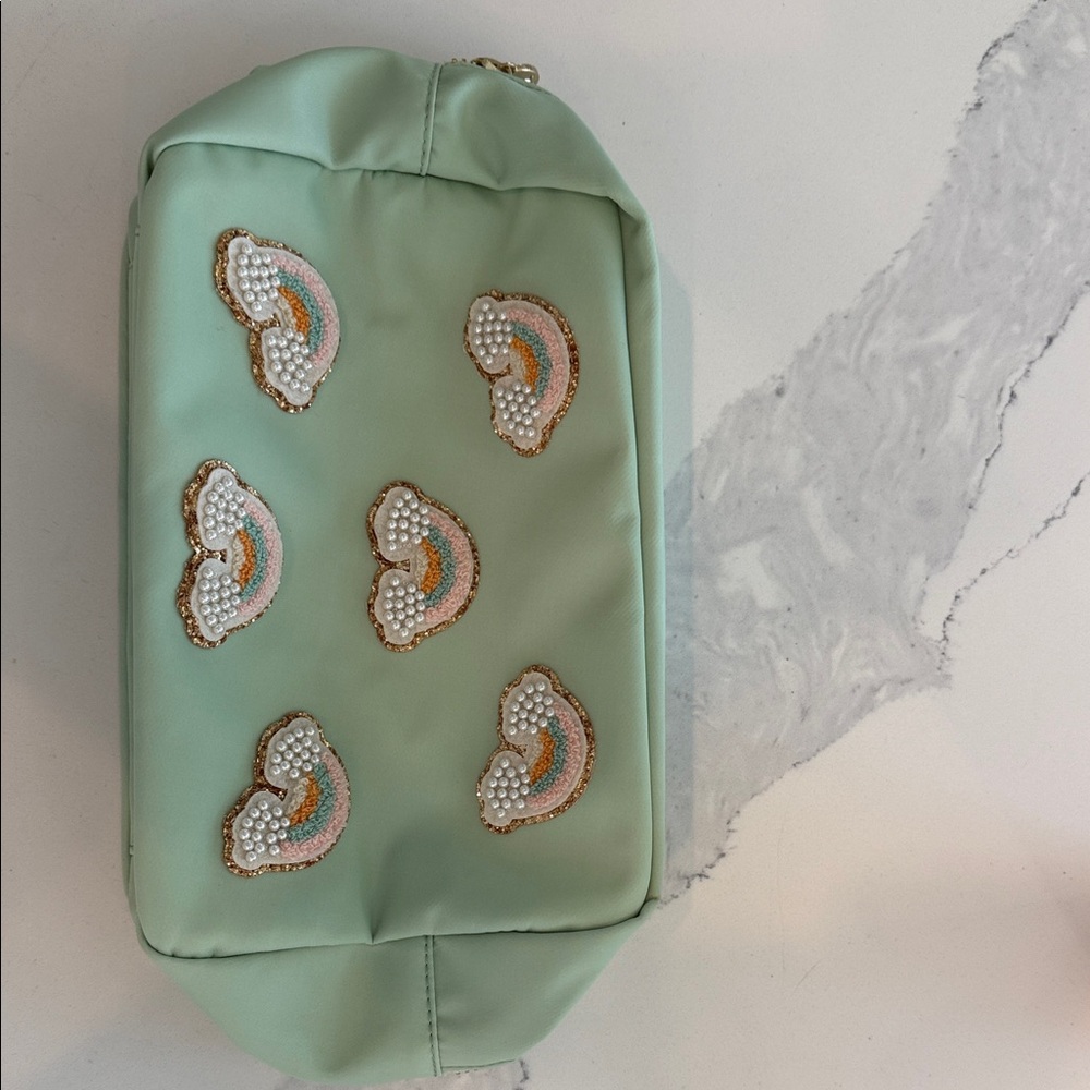 Never used! Stoney Clover Lane large mint green pouch rainbow pearl patches